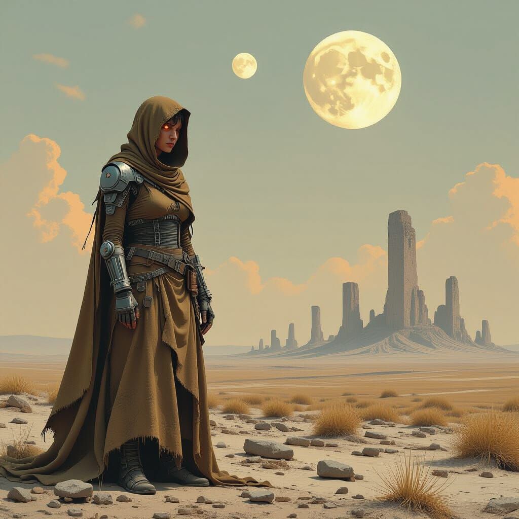 Serbian Woman on Barren Plain in Hyperrealistic Style