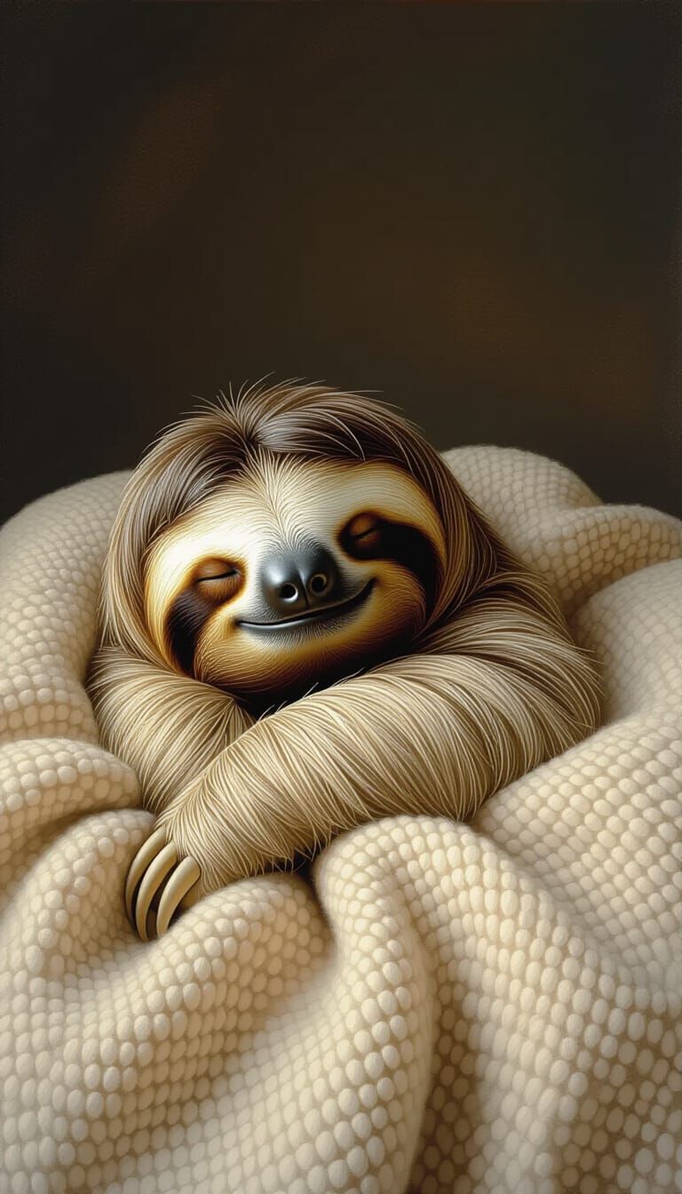 Peaceful Sloth Sleeping on Fabric in Soft Realism Style