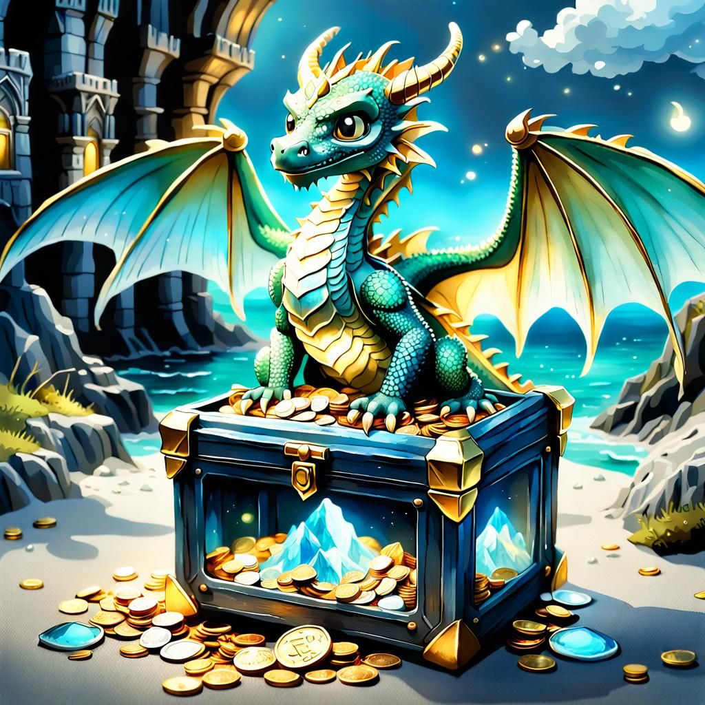 A cute dragon with glassy glowing iridescent wings, sitting ...