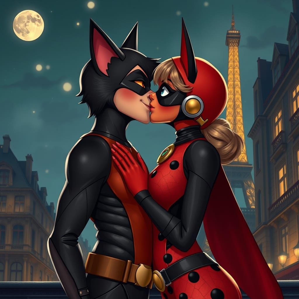 Ladybug and Cat Noir Kiss in Paris, Dreamlike Digital Art