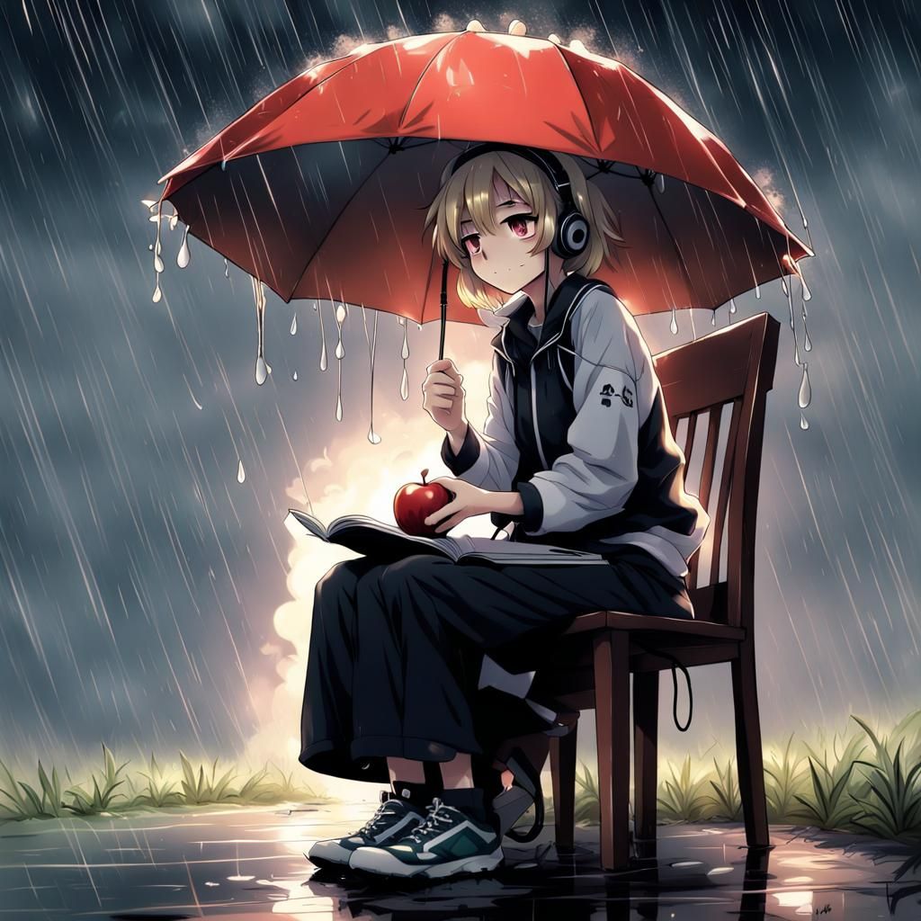 Cozy Apple Pie in Rainy Anime Style