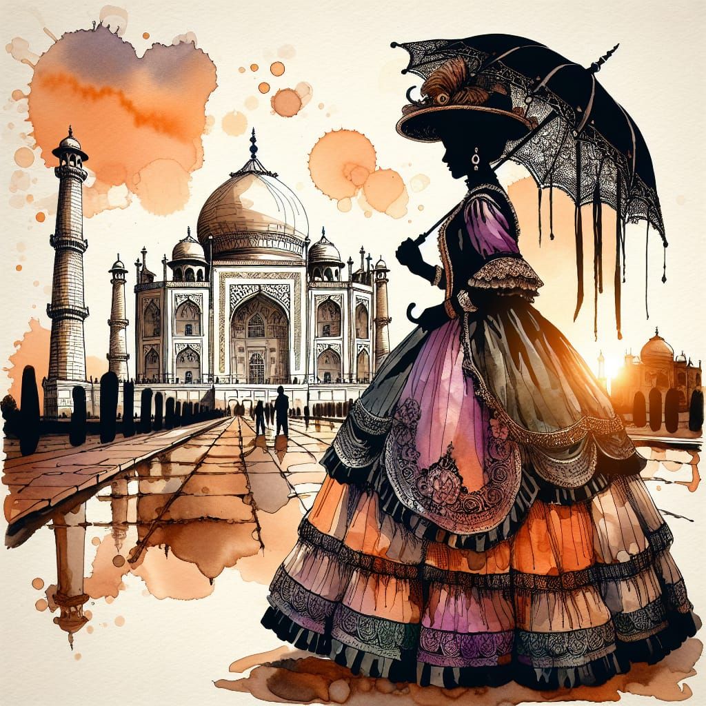 Victorian Silhouette at the Taj Mahal in Alcohol Ink