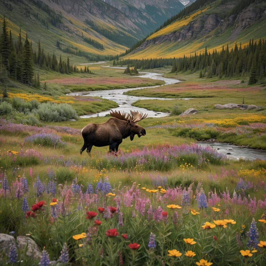 Mountain River Landscape with Moose Photography