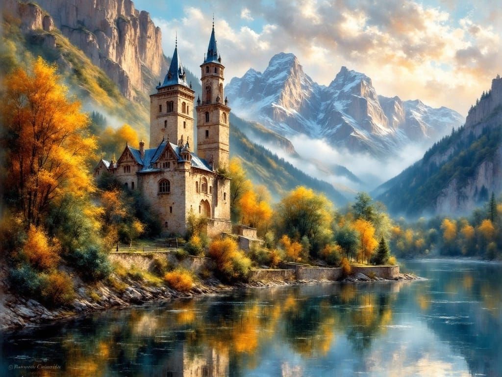 Medieval Castle at Dusk: Impressionist Fantasy Illustration