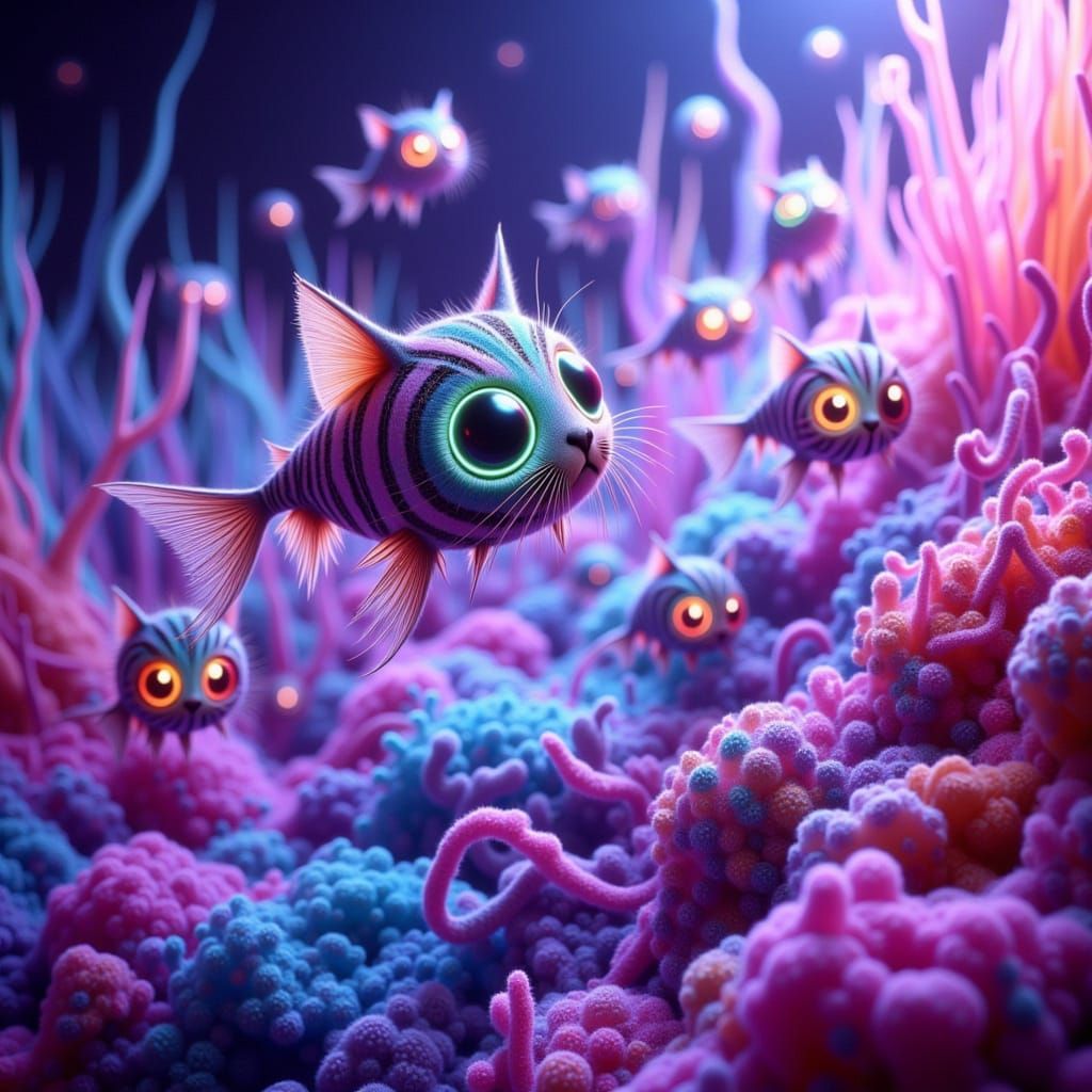 Glowing, Iridescent Fish Swim Through Shimmering Glass Coral...