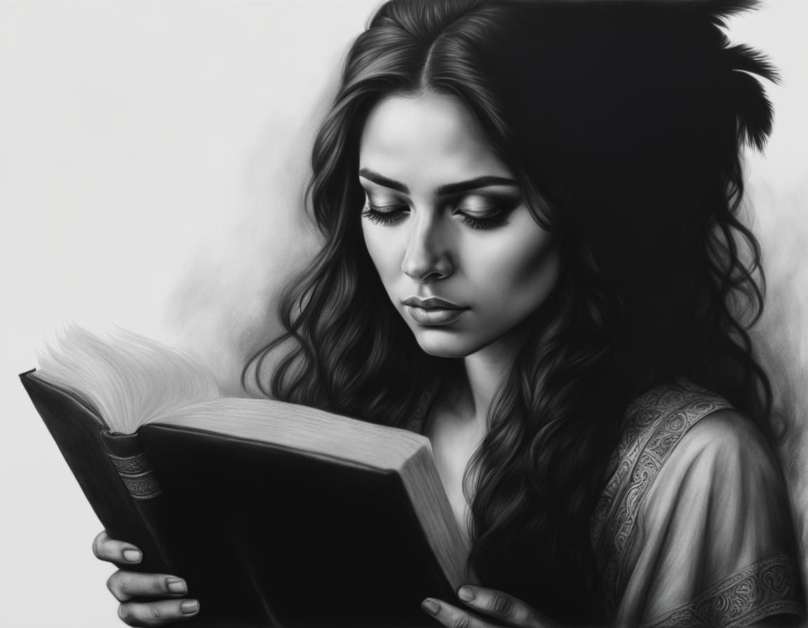 Girl Emerges from Book: Charcoal Drawing with Double Exposur...
