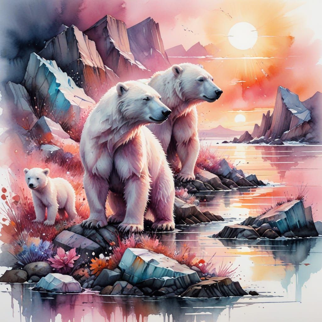 Arctic Shoreline Sunset with Polar Bears