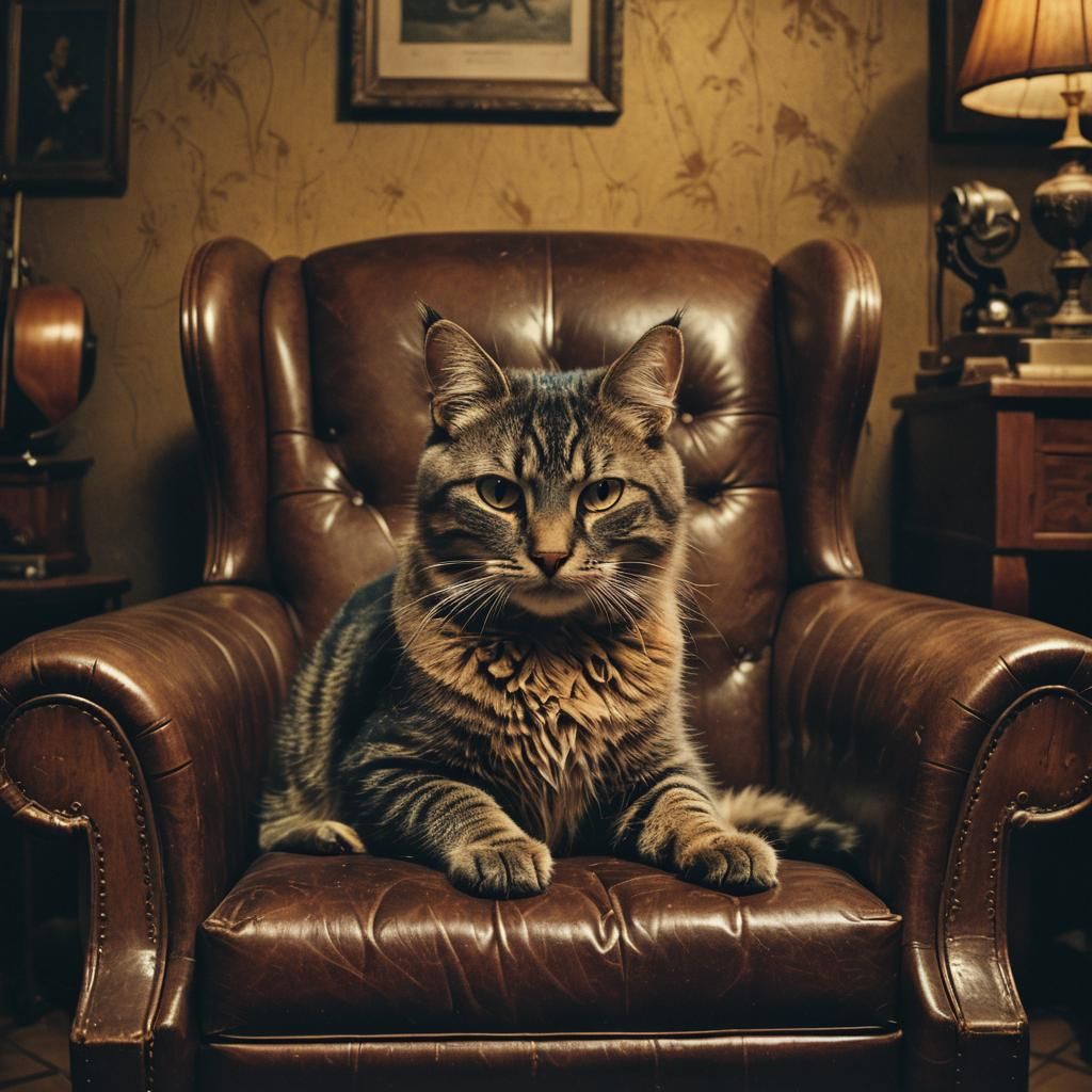 Cat in Vintage Music Room: Cinematic Film Still