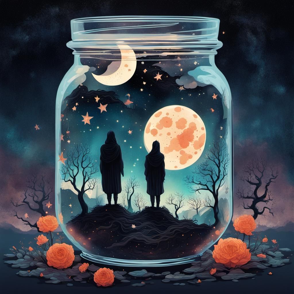 Cosmic Good vs Evil Jar: Macabre Digital Art