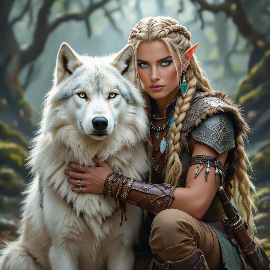 Elven Warrior and Wolf in Mystical Forest Oil Painting