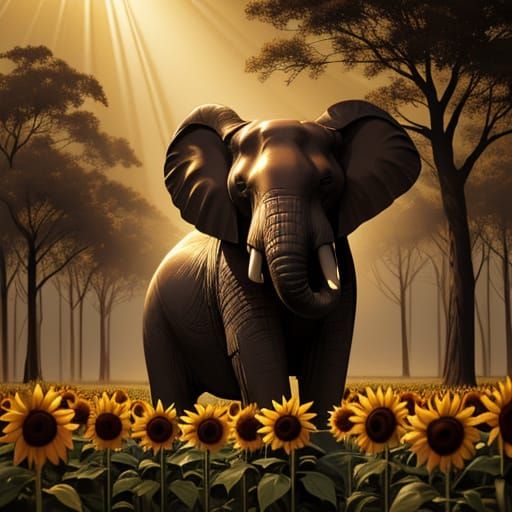 Chocolate Elephants in Sunflower Field: Wildlife Photography