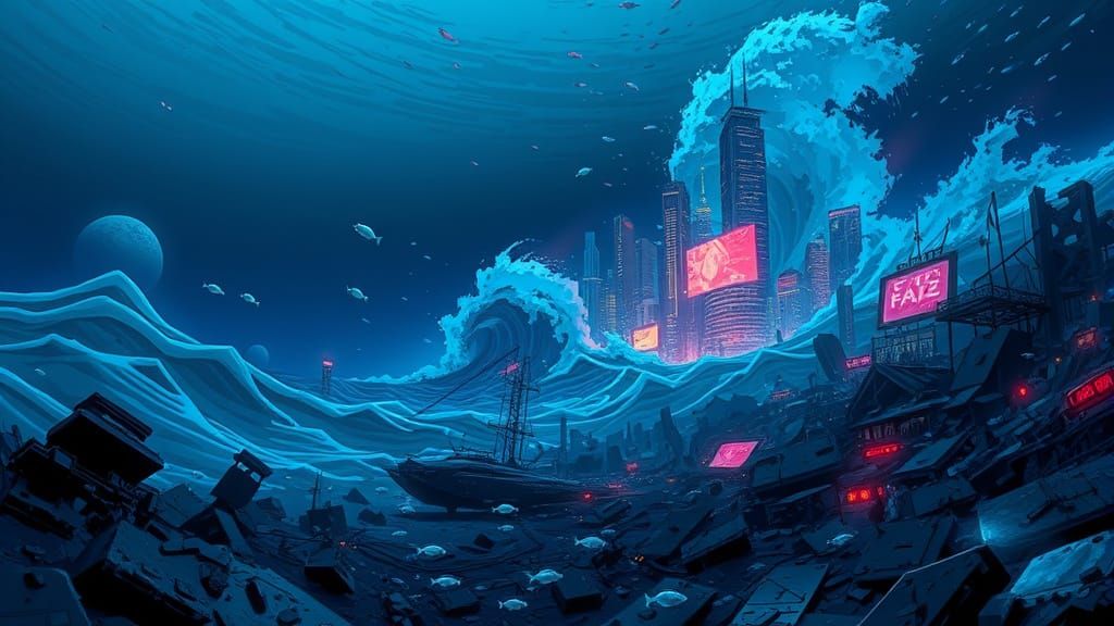 Surreal Futuristic Cityscape Submerged Underwater in Anime S...