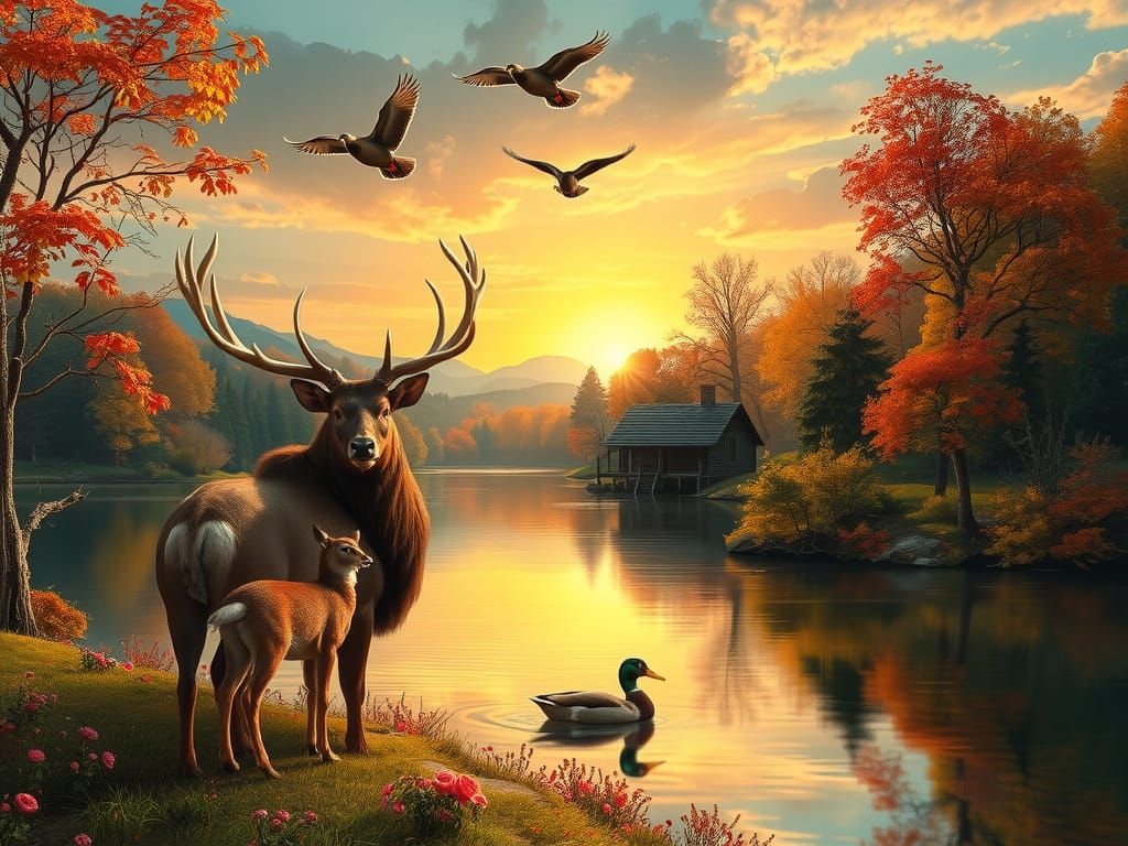 Peaceful Autumn Lake Scene with Deer