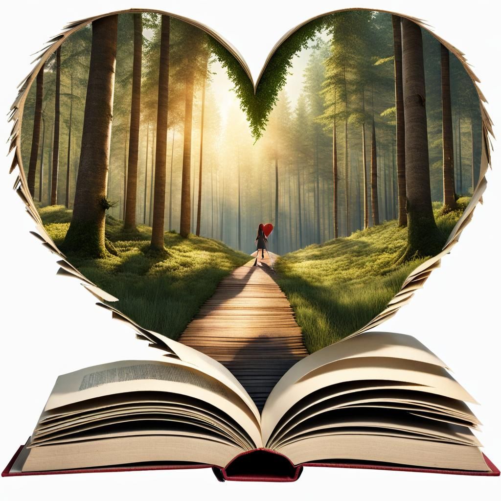 Forest Heart Book Page Art in Library Setting