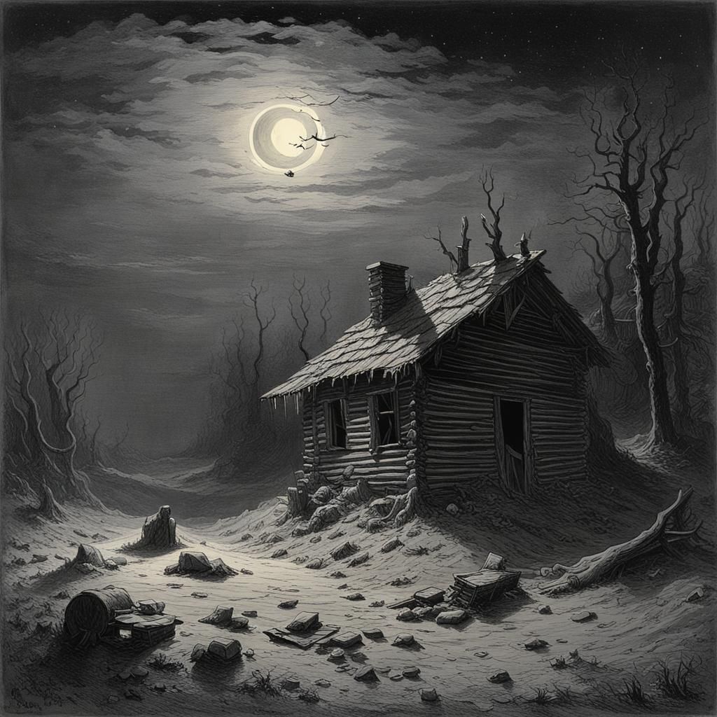 Eerie Abandoned Cabin Under Moonlight: Gothic Horror