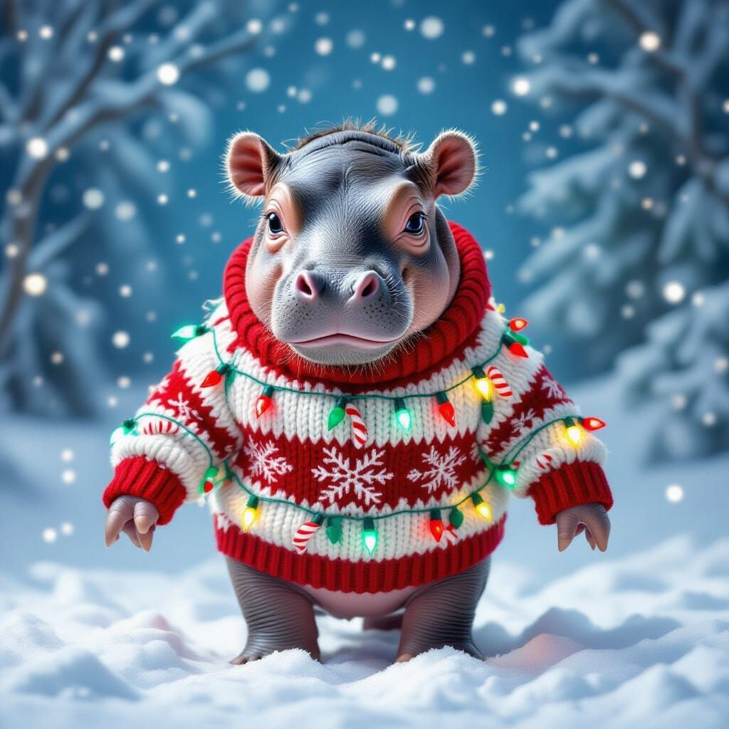 Adorable Hippo Cub in Chaotic Christmas Sweater
