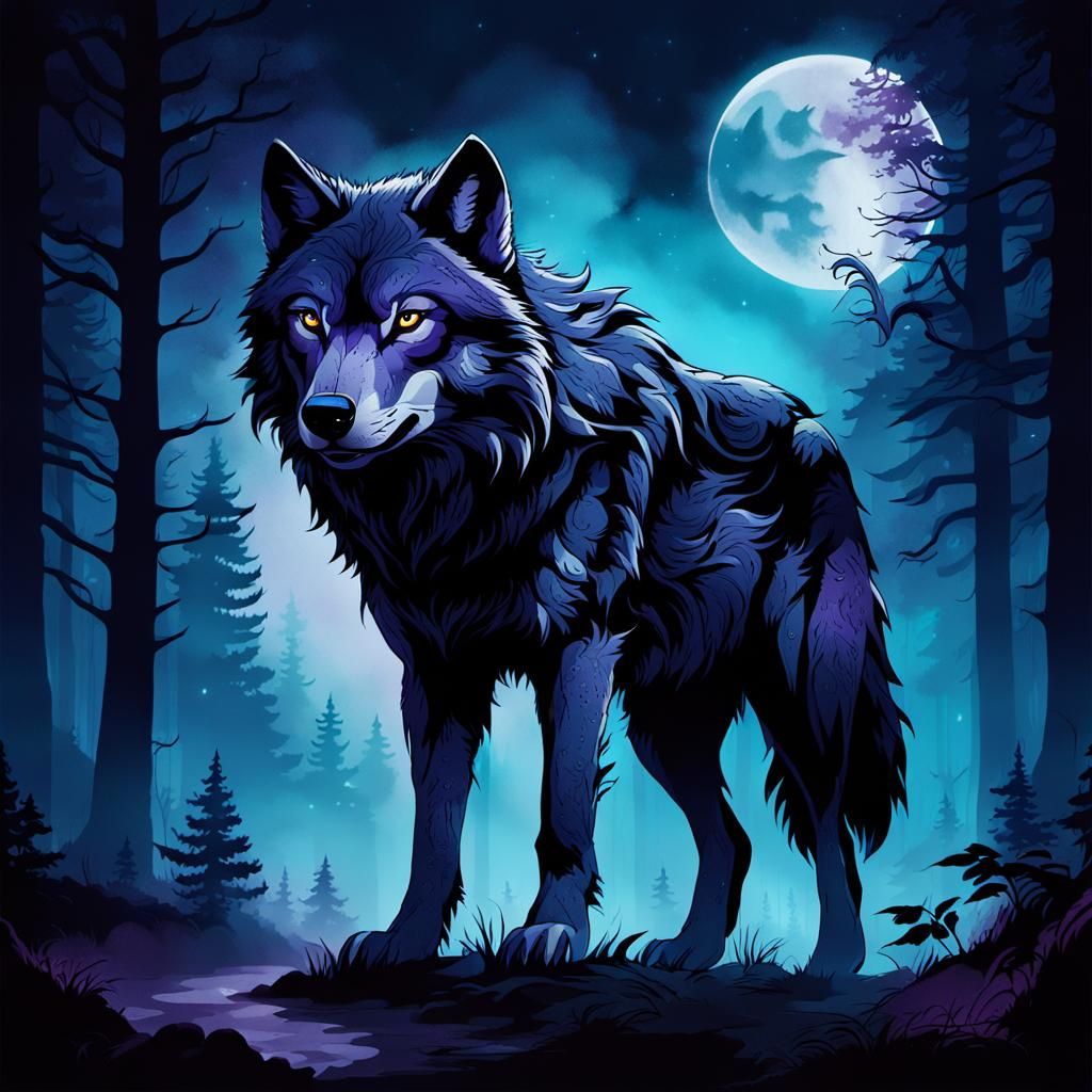 Mystical Dark Wolf in Misty Forest Illustration