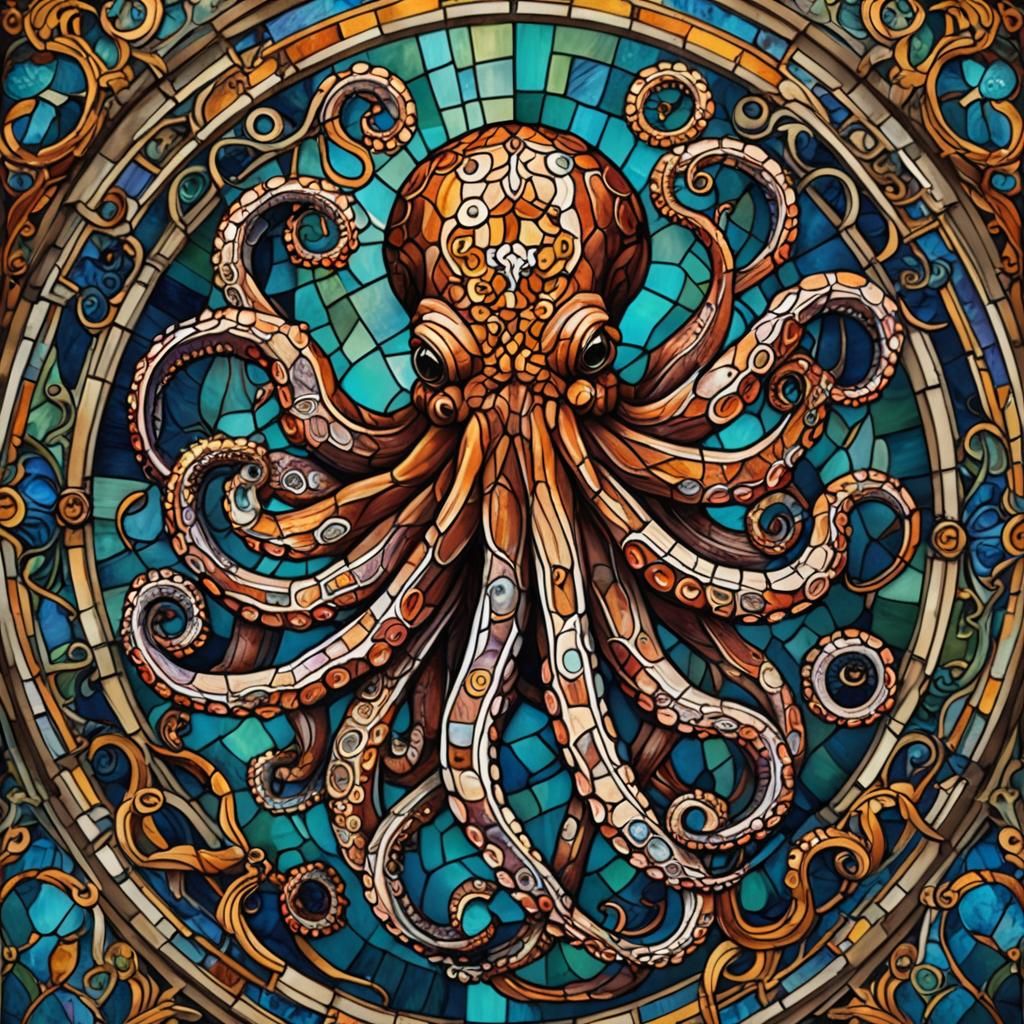 Ornate Stained Glass Octopus Abstract Art