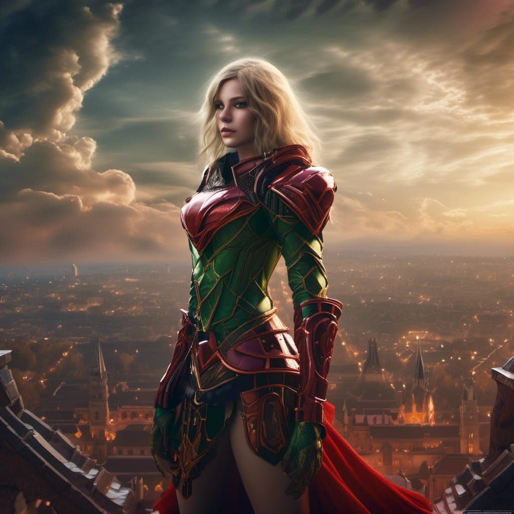 Armored Woman Overlooks Smoky Landscape in Dark Fantasy Styl...