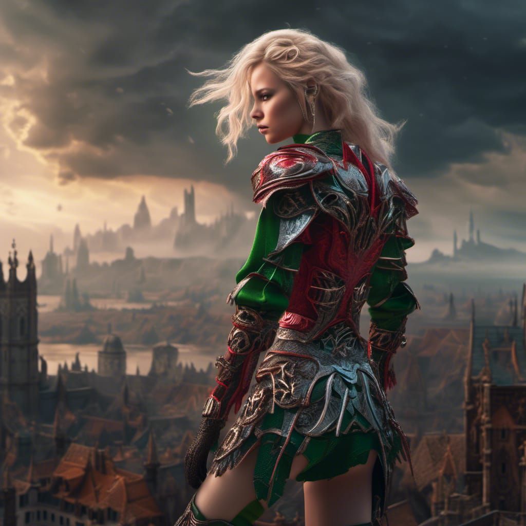 Armored Woman Overlooking Smoky Landscape in Dark Fantasy Ar...