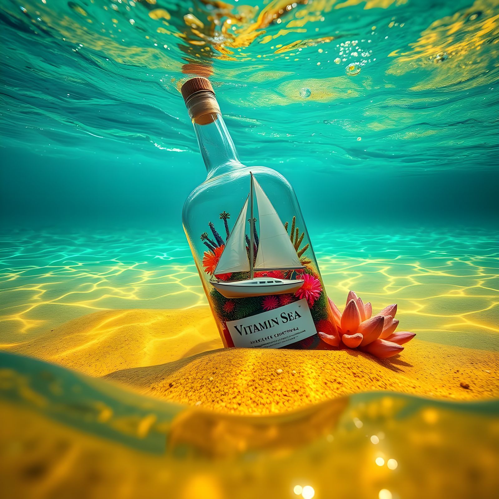 Whiskey Bottle Surrounded by Vibrant Undersea Life