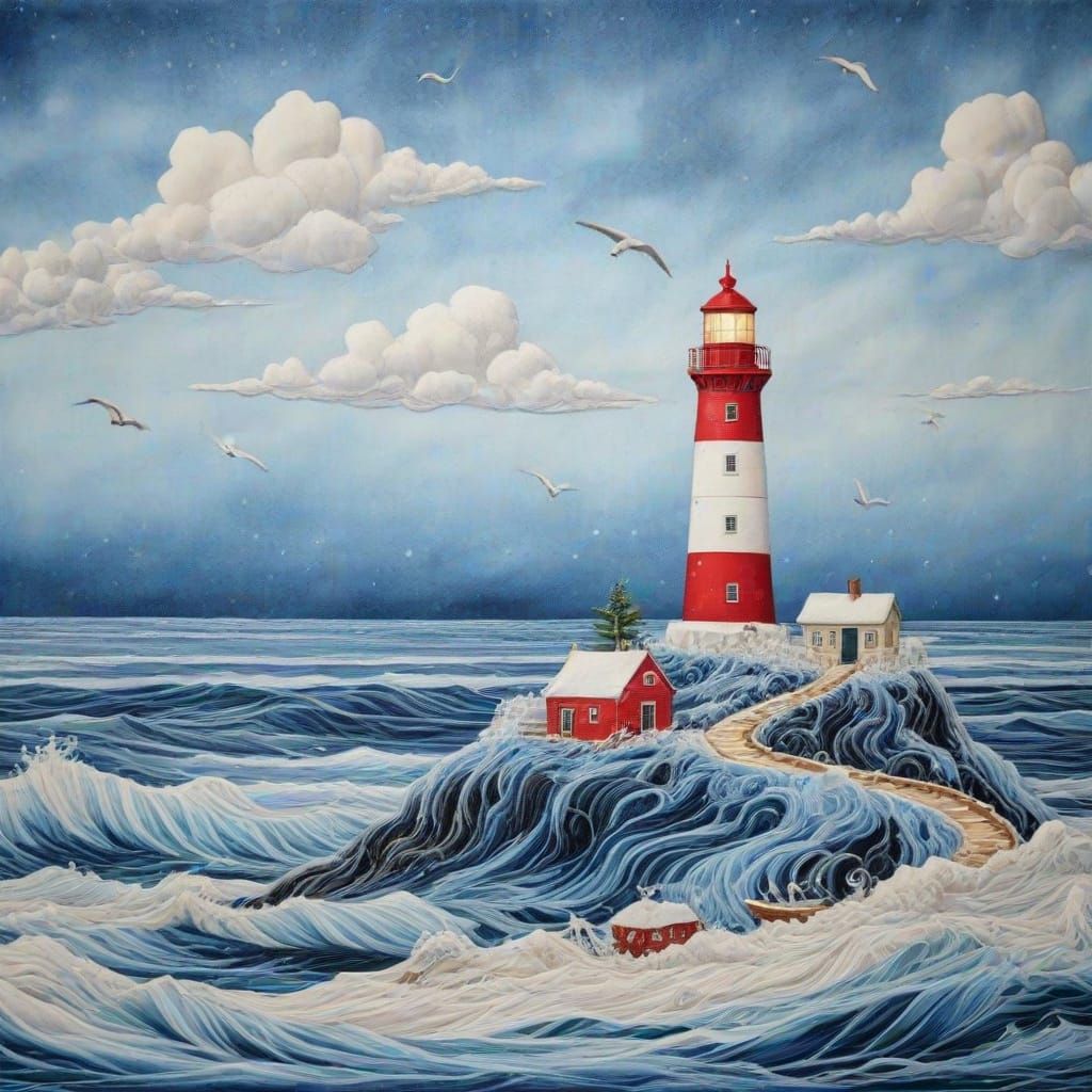 Fabric Lighthouse in Winter Seascape Fabric Art