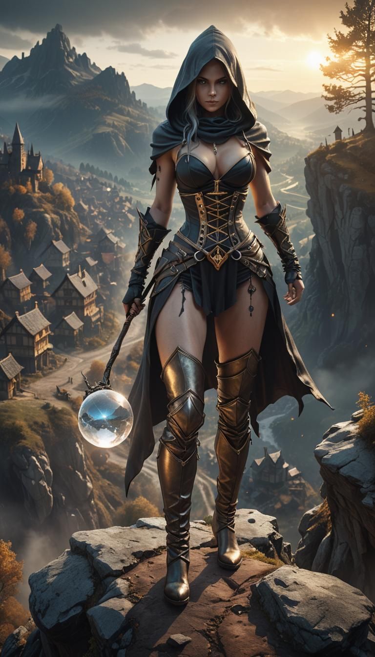 Muscular Female Wizard Overlooks Valley in Dark Fantasy Art