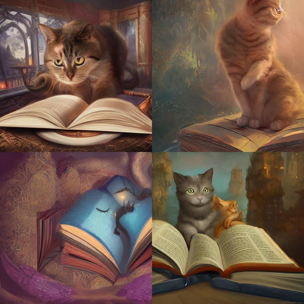 Cat Reading Book: Detailed Fantasy Concept Art