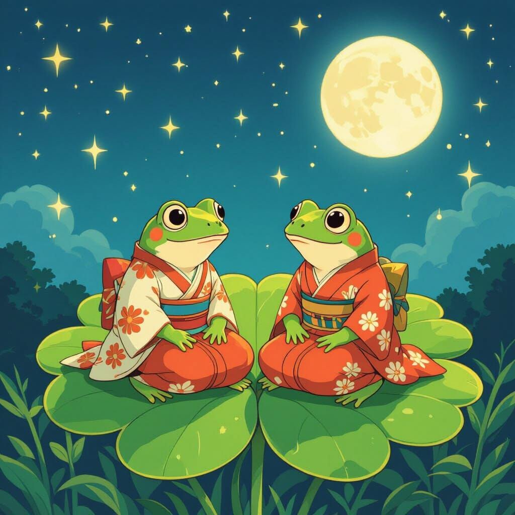 Frogs on Lucky Clover in Anime Style