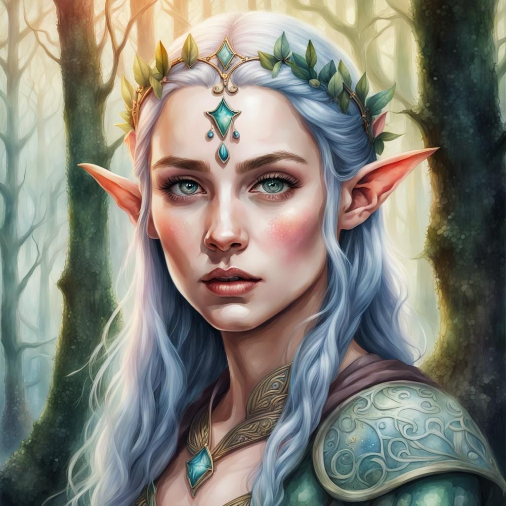 Enchanted Elf Woman in Watercolor Forest
