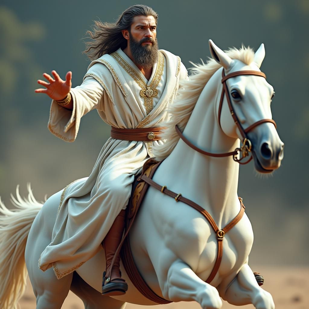 Man in White Robe Rides White Horse