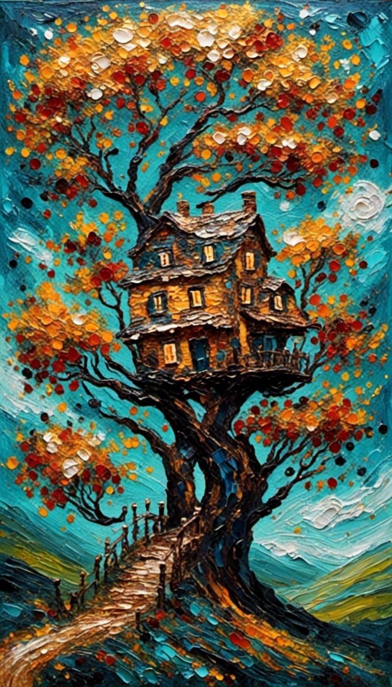 Colossal Treehouse in Impressionistic Impasto Style