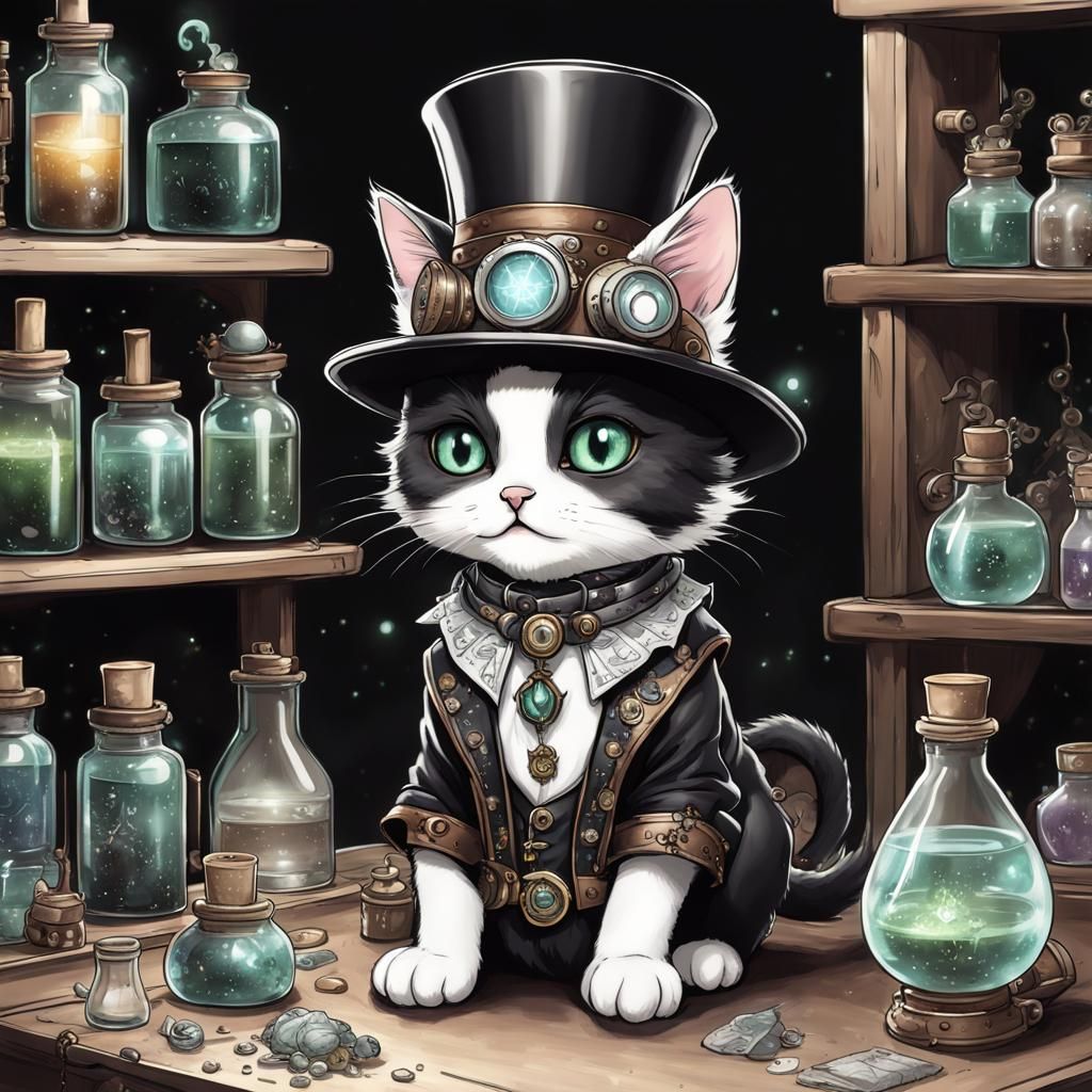 Steampunk Tuxedo Kitten Alchemist in Laboratory