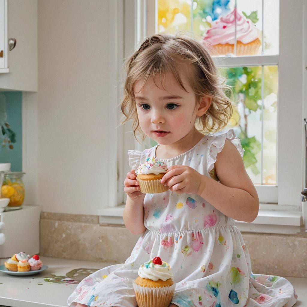 Girl Eating Cupcake in Manga-Inspired Alcohol Ink Painting