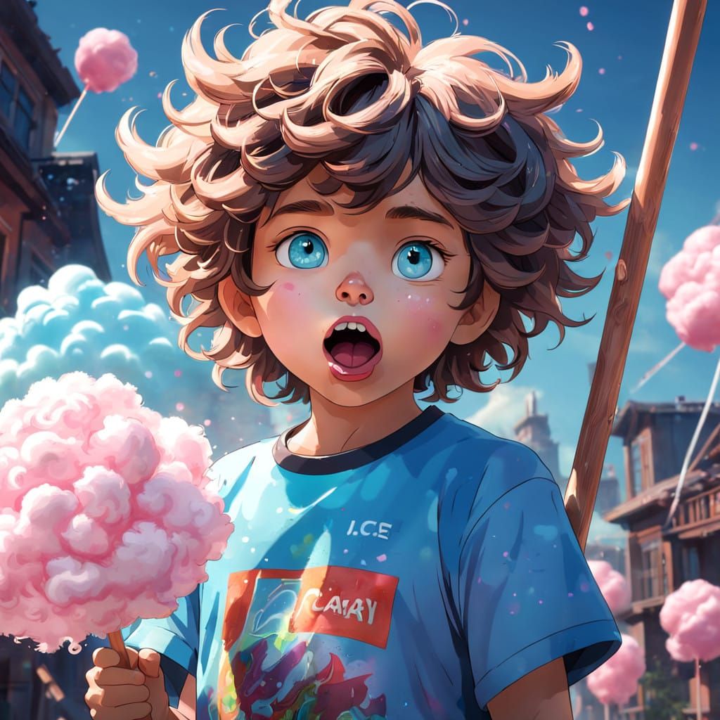 Enthusiastic Boy Devours Giant Cotton Candy