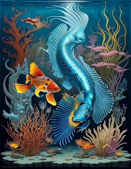 Surreal Cat-Fish Hybrid in Vibrant, Mystical Woodland Scene