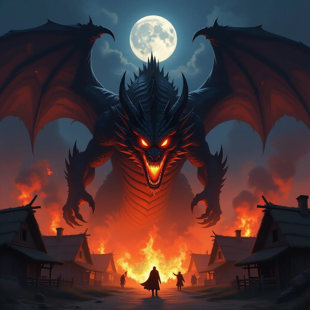 Colossal Shadow Dragon Devastates Village in Dark Fantasy Ar...