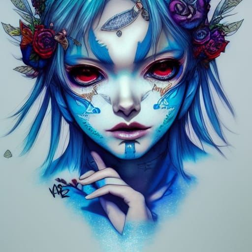 Psychedelic Snow White with Blue Hair in Flower-Punk Style