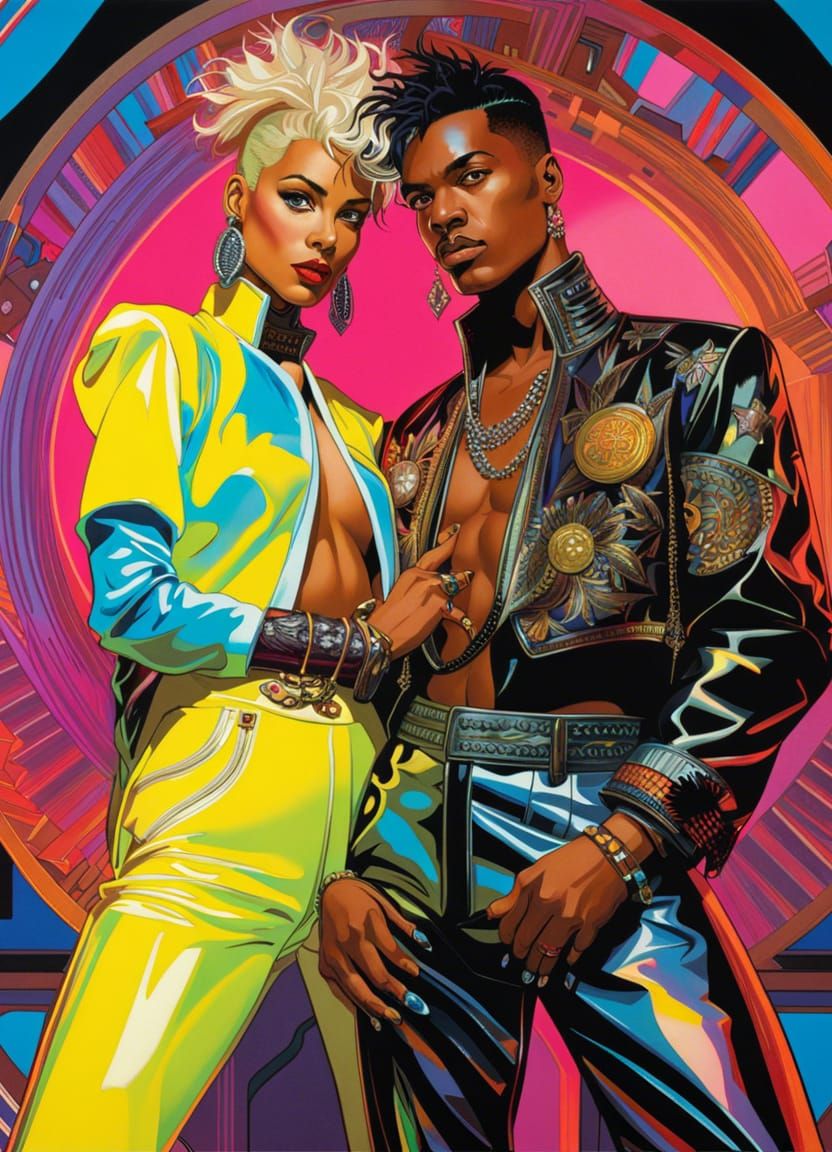 Vibrant 80s Punk Celebration in Art Deco Style