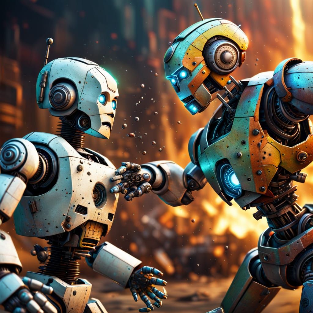 Old Robot Battles Baby Robot in Dramatic Splash Art