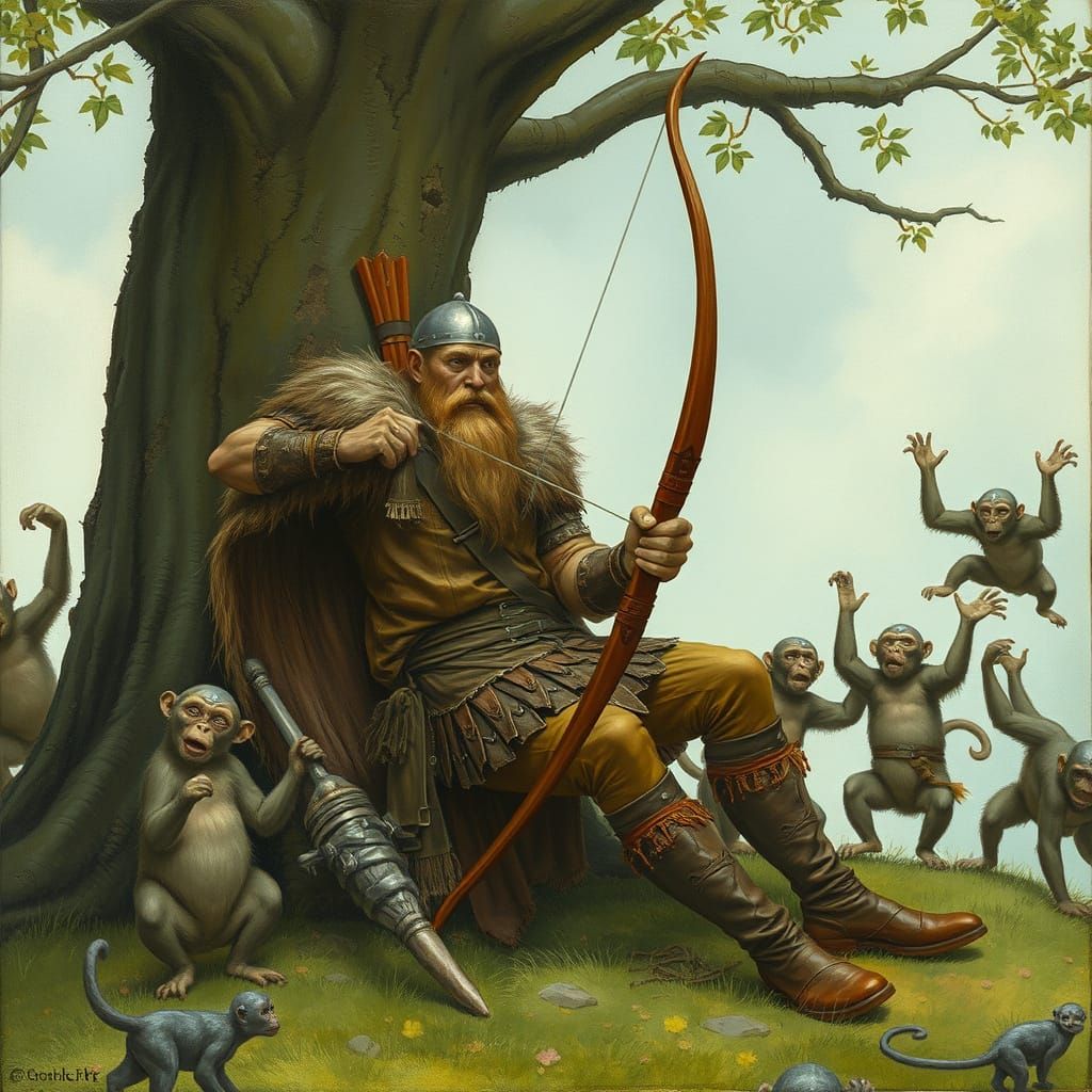 Viking Longbowman and Dancing Monkeys in Dreamlike Scene