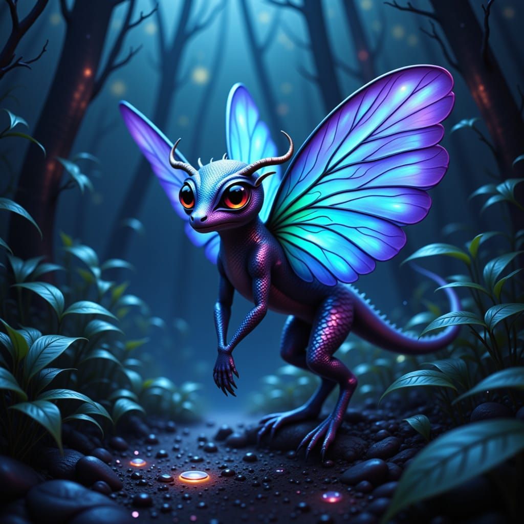 Fantastical Creature in Bioluminescent Forest Digital Painti...