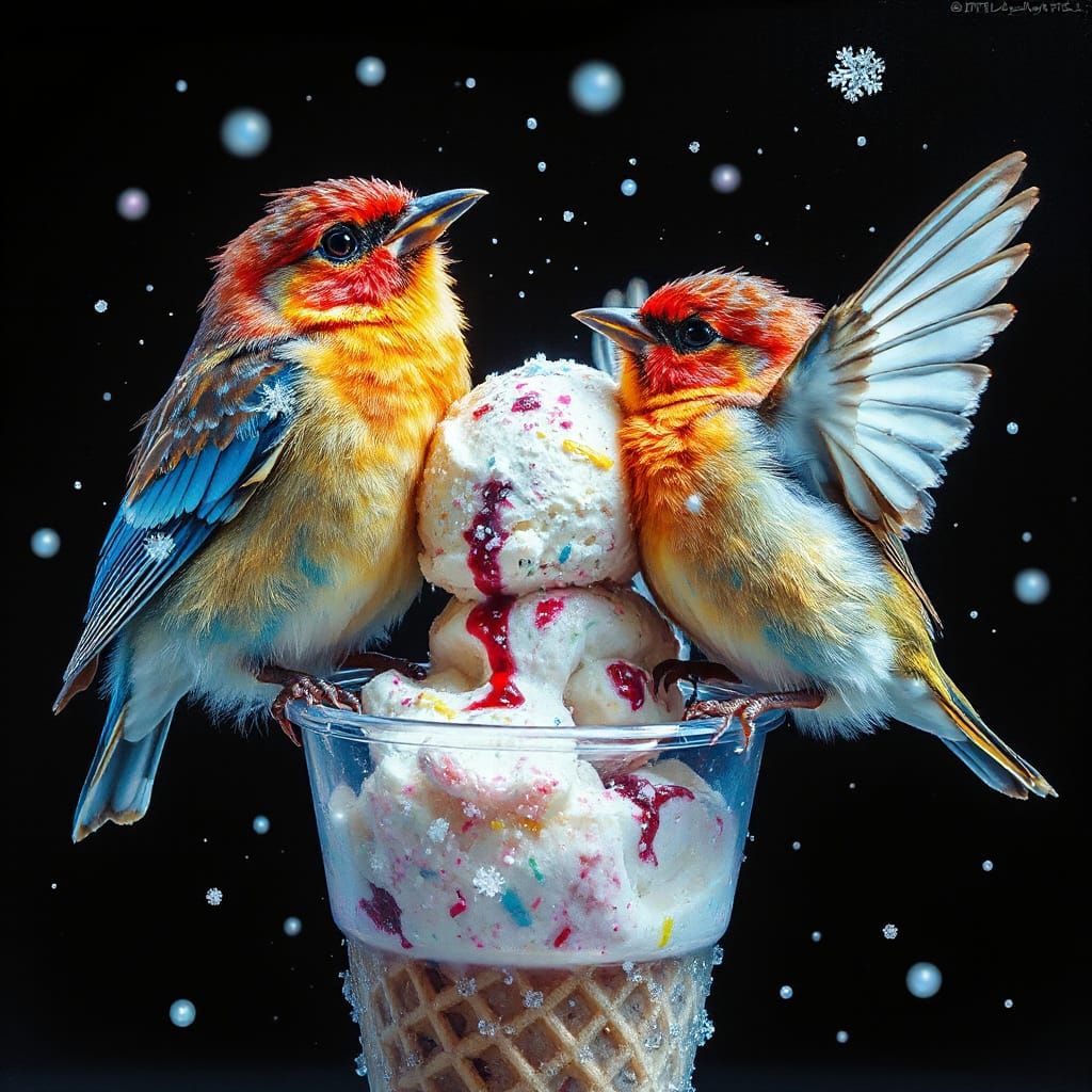 Expressionist Birds Scream Ice Cream in Rococo Snowpunk