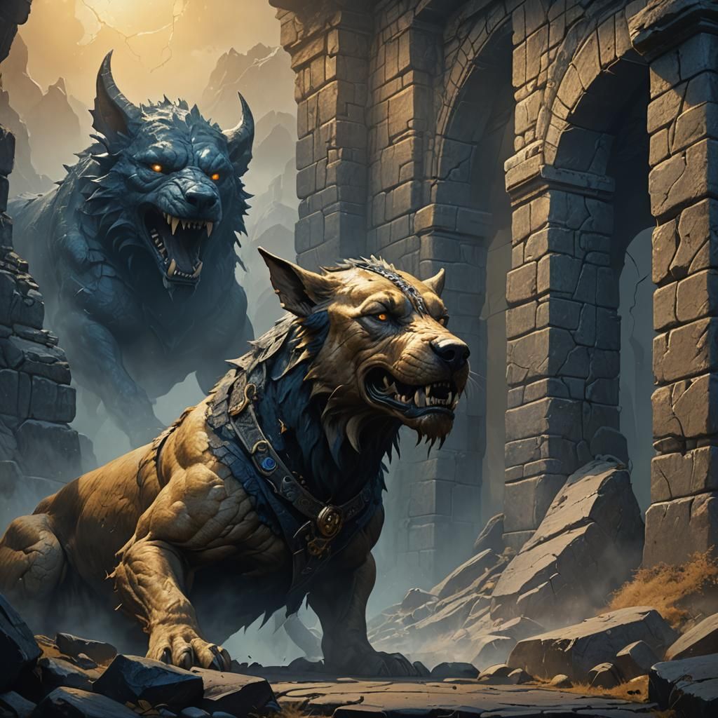 Monstrous Hound Beside Ring in Fantasy Art Style