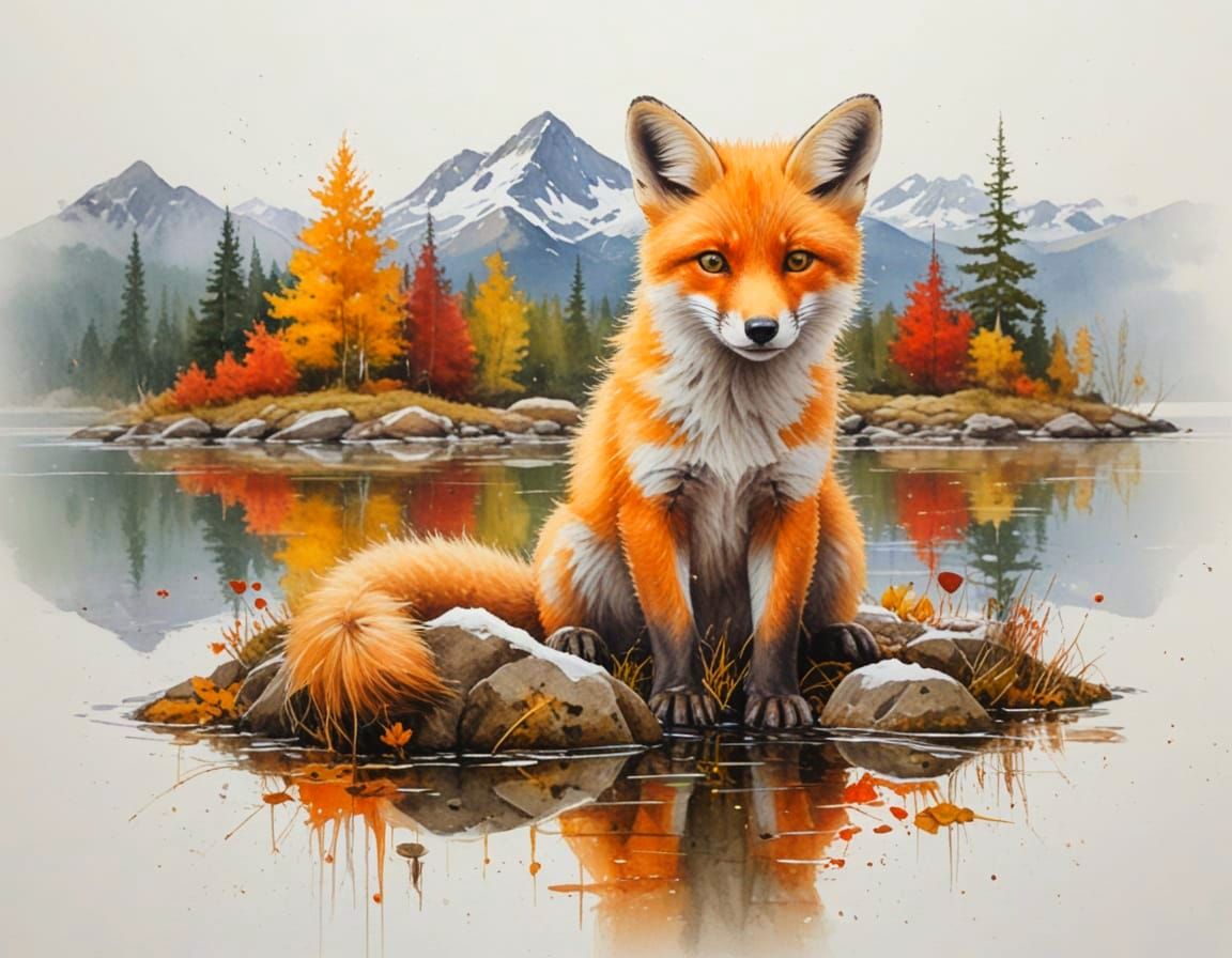 Fox Cub by Autumn Lake in Painterly Realism Style