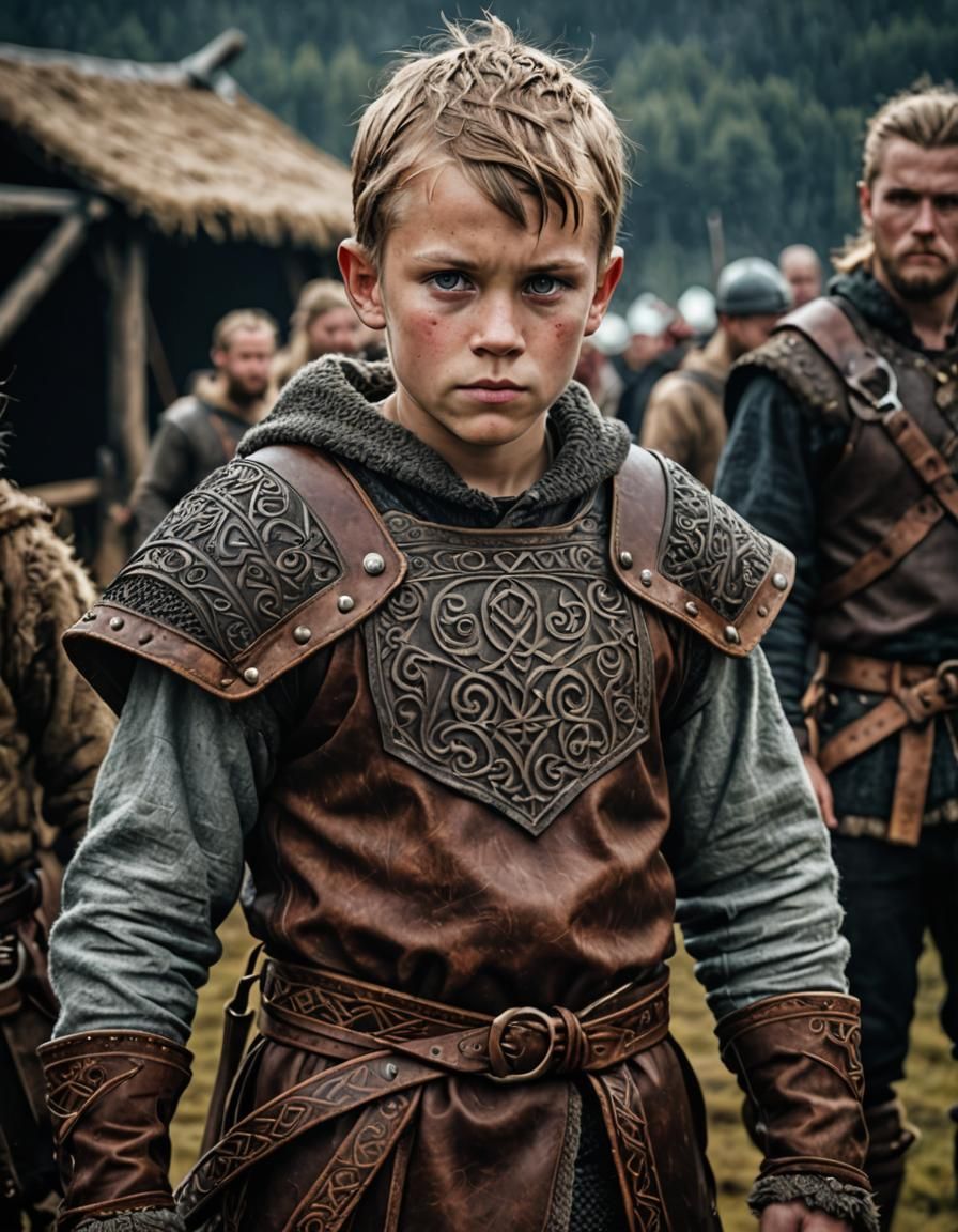Hyperrealistic Viking Boy Portrait in Leather Clothing
