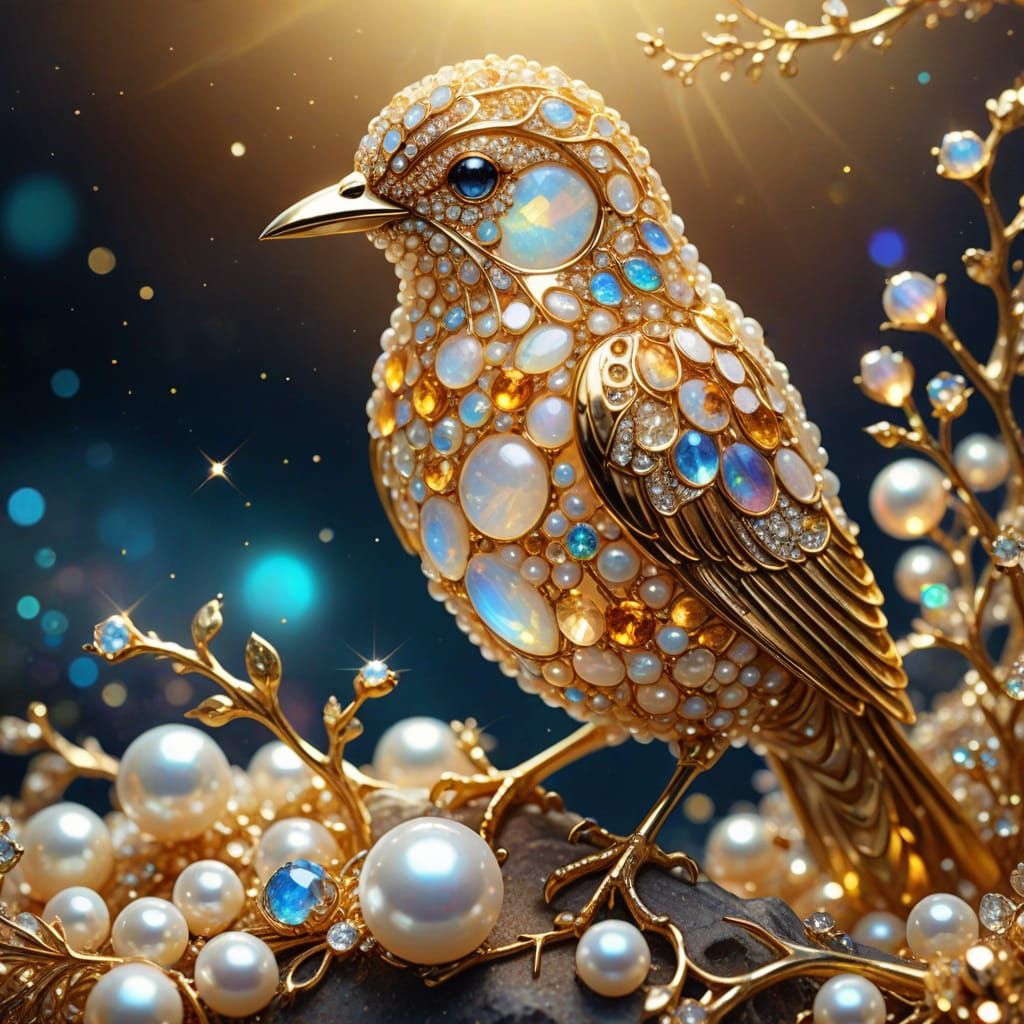 Golden Crystal Bird Portrait with Sparkling Light