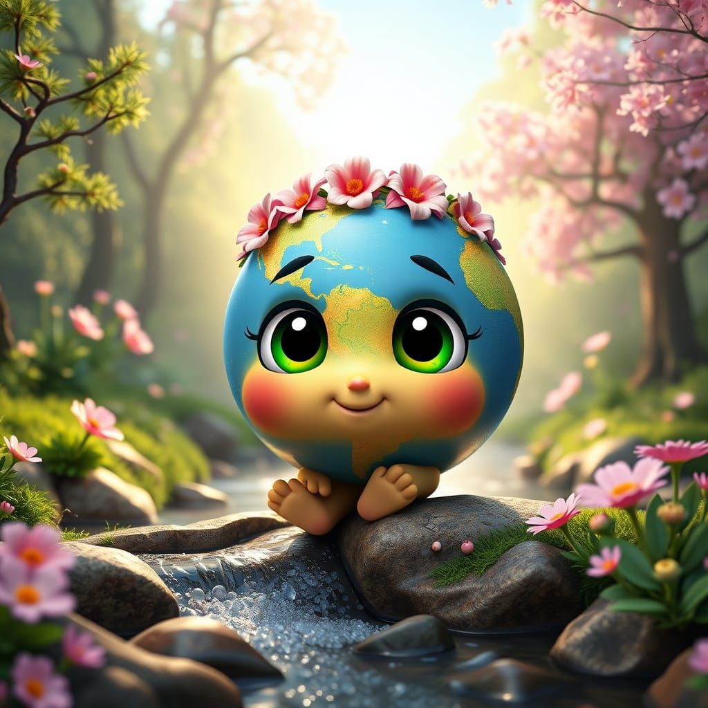 Cute Earth Cartoon Character in Spring Forest