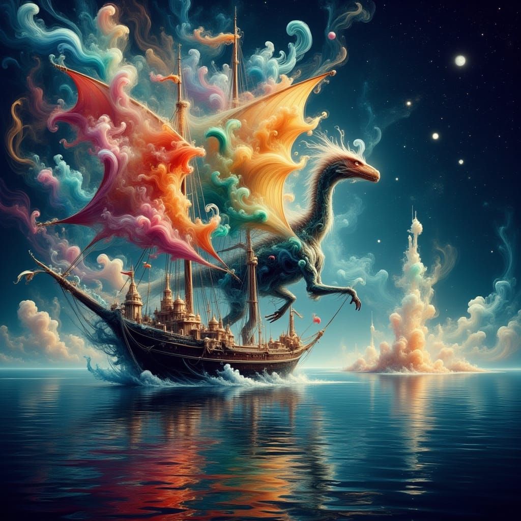 Dinosaur Sails Through Starlit Town Under Nebulae