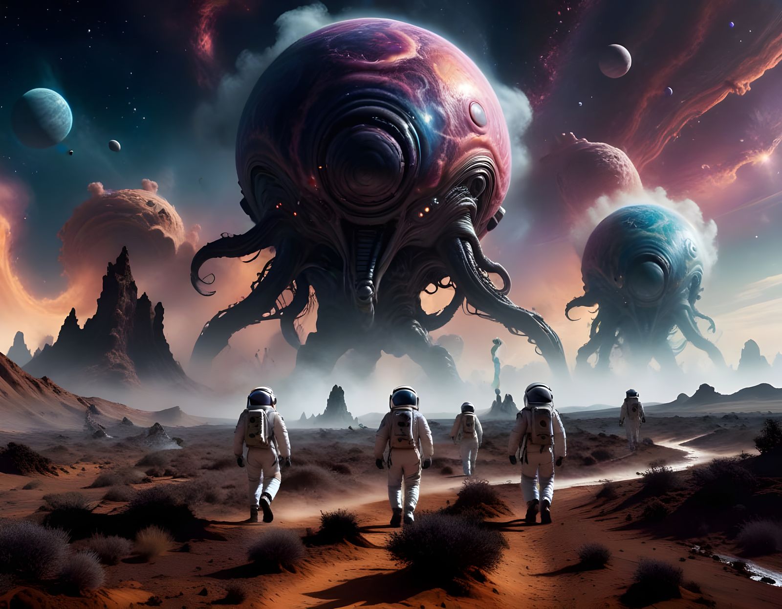 Astronauts Encounter Alien Spheres in Vibrant Landscape